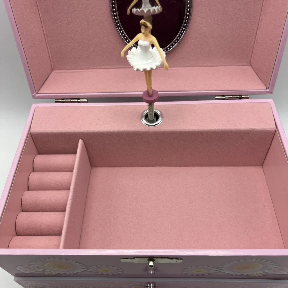 Ballerina Music Jewelry Box Pink Interior Floral Design with Drawer Collectible